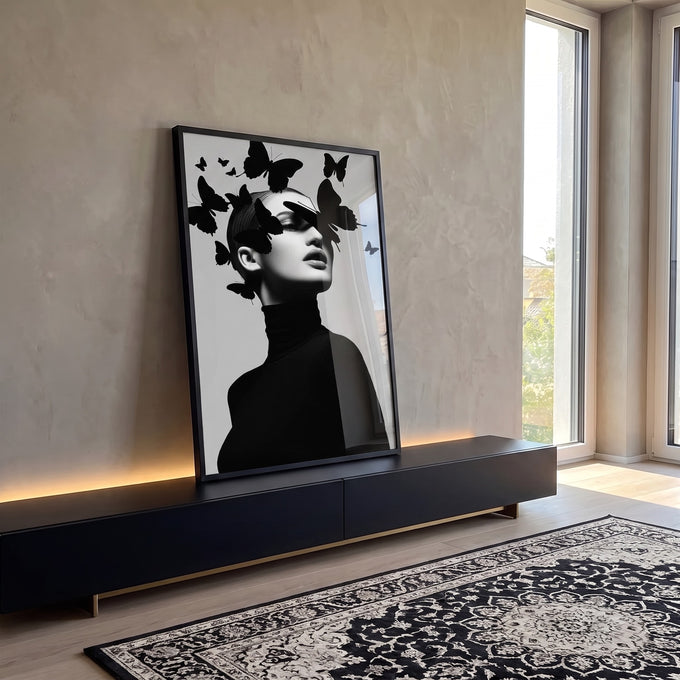 Quadro Decorativo Minimalista com Borboletas em ambiente decorado - quadros decorativos para sala