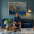 Quadro Decorativo Árvore Dourada em Azul Profundo em sala de estar moderna - quadros decorativos para sala