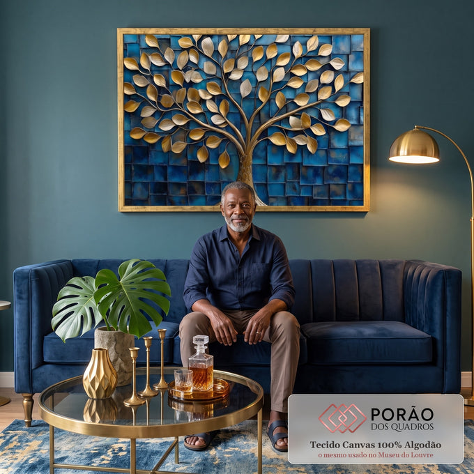 Quadro Decorativo Árvore Dourada em Azul Profundo em sala de estar moderna - quadros decorativos para sala