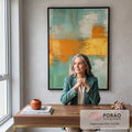 Quadro Decorativo Abstrato Verde e Laranja em escritorio moderno - quadros decorativos para sala