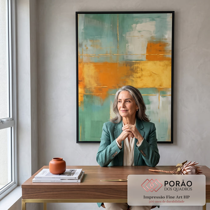Quadro Decorativo Abstrato Verde e Laranja em escritorio moderno - quadros decorativos para sala