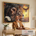 Quadro Decorativo Leão de Judá e Cristo ao Pôr do Sol em escritorio moderno - quadros decorativos para sala