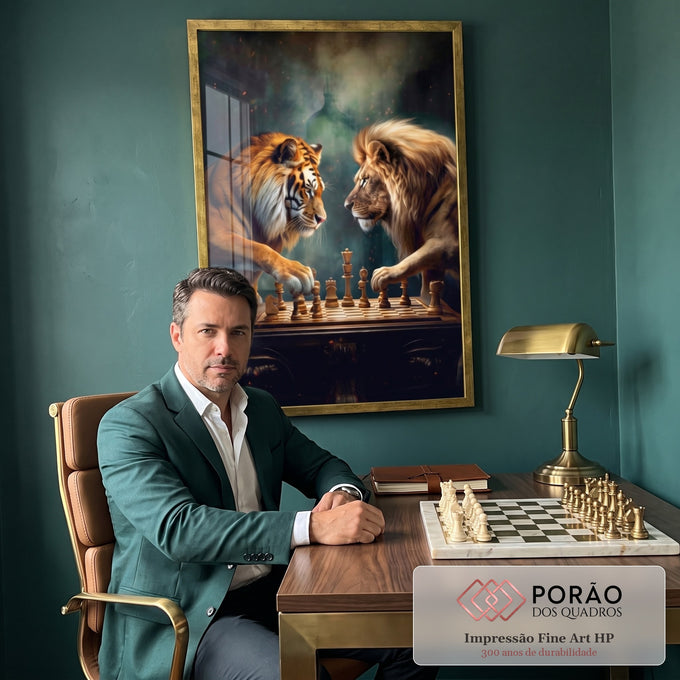 Quadro Decorativo: Majestade Entre Leões e Tigres em Xadrez em escritorio moderno - quadros decorativos para sala