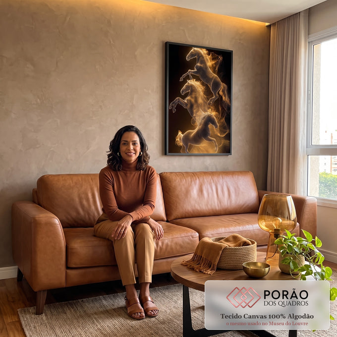 Quadro Decorativo Cavalos Dourados em Movimento em sala de estar moderna - quadros decorativos para sala