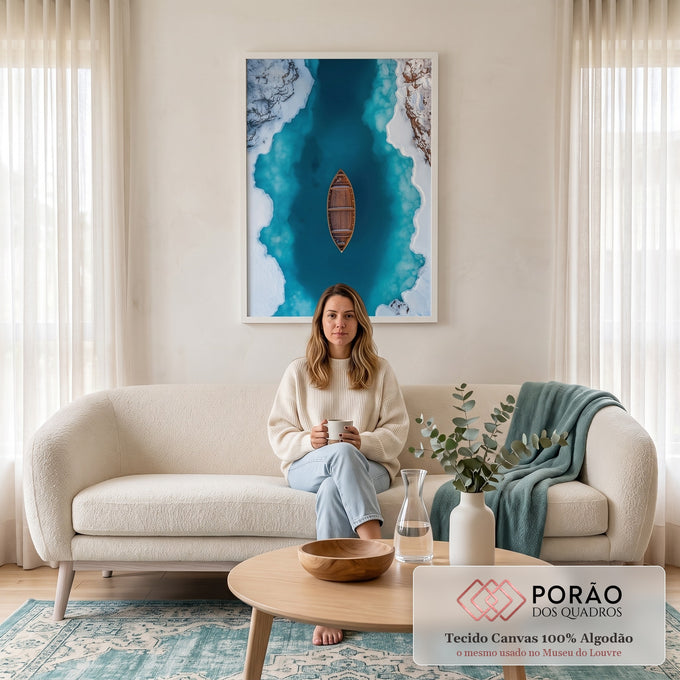 Quadro Decorativo Solidão Confortante Canoa Sob o Lago Gelado em sala de estar moderna - quadros decorativos para sala