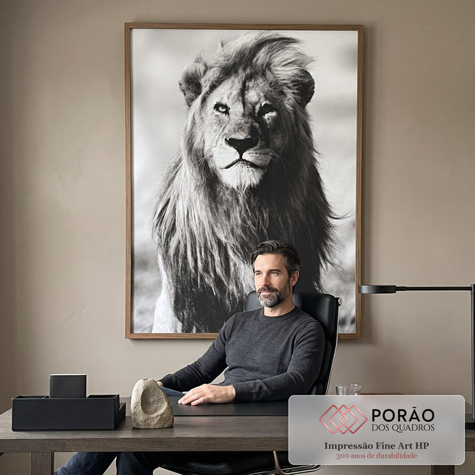 Quadro Decorativo: Rei da Selva em Preto e Branco em escritorio moderno - quadros decorativos para sala