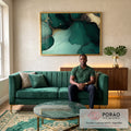 Quadro Decorativo Abstração Elegante em Verde e Dourado em sala de estar moderna - quadros decorativos para sala