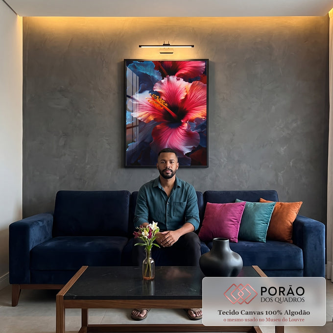 Quadro Decorativo Floral Hibisco - Elegância em Tecido Canvas em sala de estar moderna - quadros decorativos para sala
