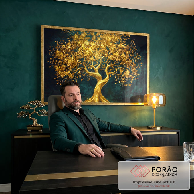 Quadro Decorativo Árvore da Vida Dourada em escritorio moderno - quadros decorativos para sala