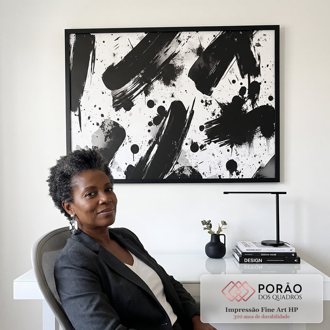 Quadro Decorativo Pinceladas em preto e branco em escritorio moderno - quadros decorativos para sala
