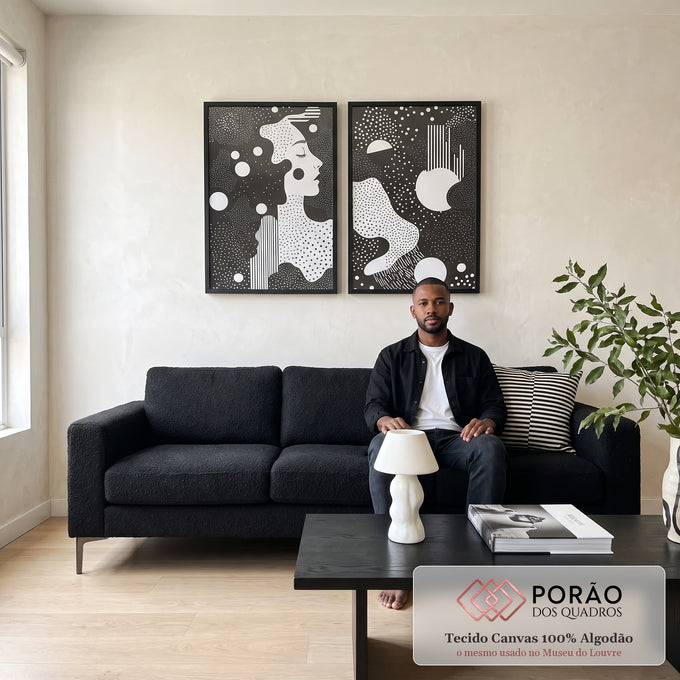 Quadro Decorativo Abstrato em Preto e Branco - Silhueta Feminina de Elegância em sala de estar moderna - quadros decorativos para sala