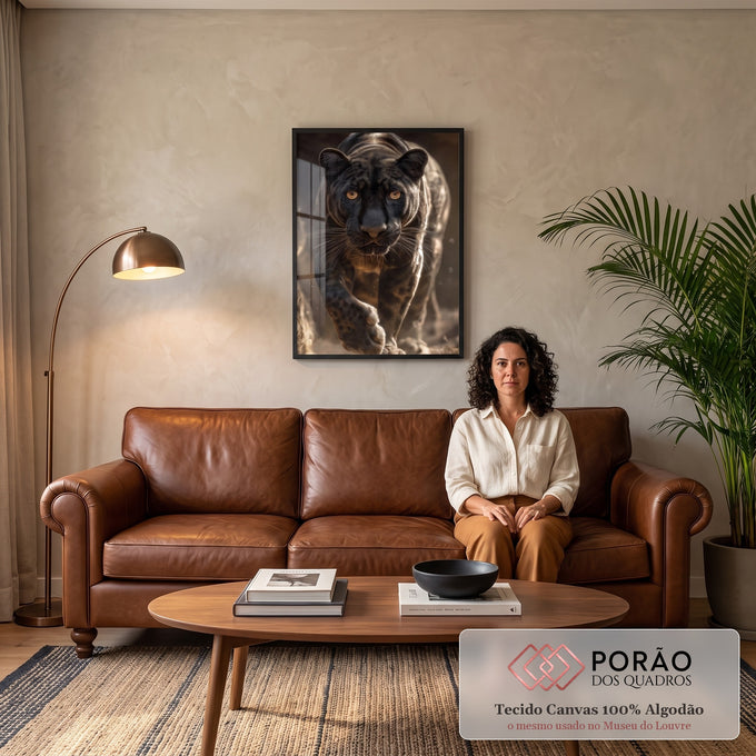 Quadro Decorativo Onça Negra Majestosa em sala de estar moderna - quadros decorativos para sala