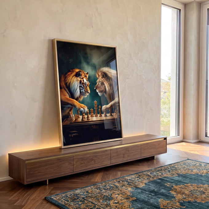 Quadro Decorativo: Majestade Entre Leões e Tigres em Xadrez em ambiente decorado - quadros decorativos para sala