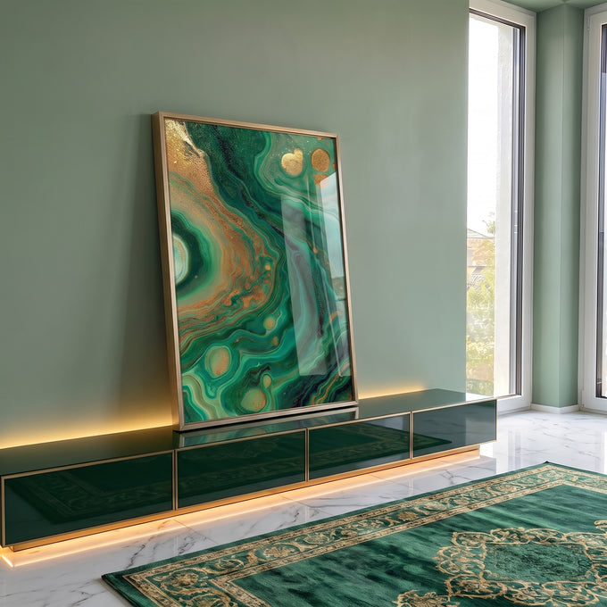 Quadro Decorativo Fluidez Verde Luxo em ambiente decorado - quadros decorativos para sala