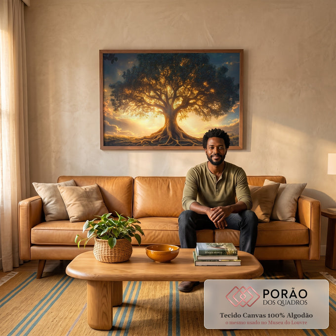Quadro Decorativo Árvore da Vida sobre o Sol - Arte que Inspira em sala de estar moderna - quadros decorativos para sala