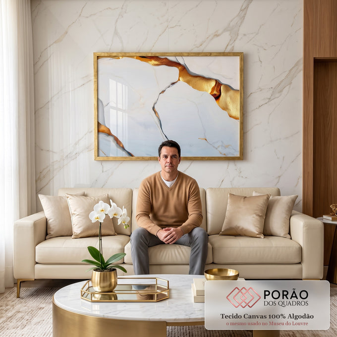 Quadro Decorativo Elegância Abstrata em Dourado em sala de estar moderna - quadros decorativos para sala