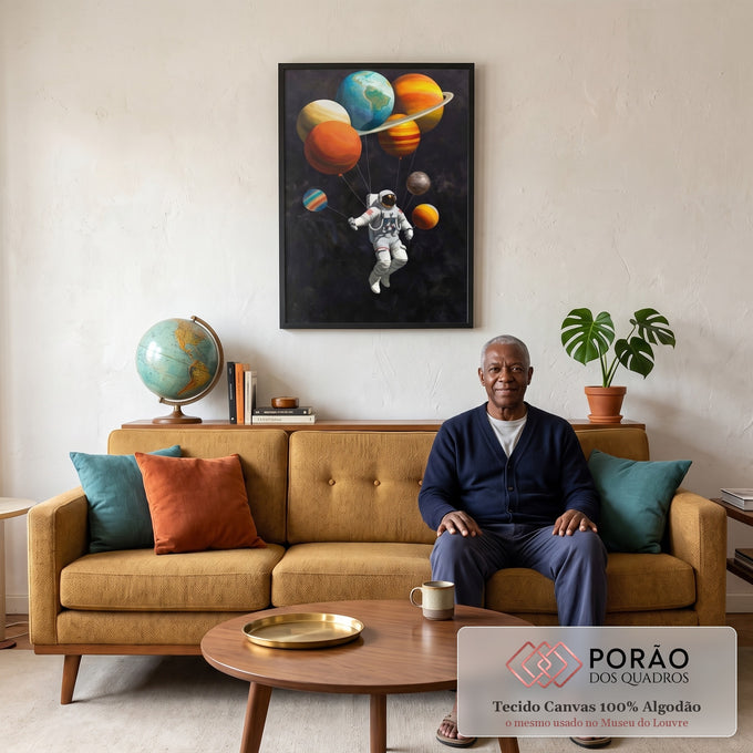 Quadro Decorativo Astronauta com Sistema Solar: Arte Espacial em Canvas em sala de estar moderna - quadros decorativos para sala