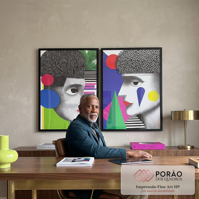 Quadro Decorativo Abstrato Contemporâneo: Rostos e Geometria em escritorio moderno - quadros decorativos para sala