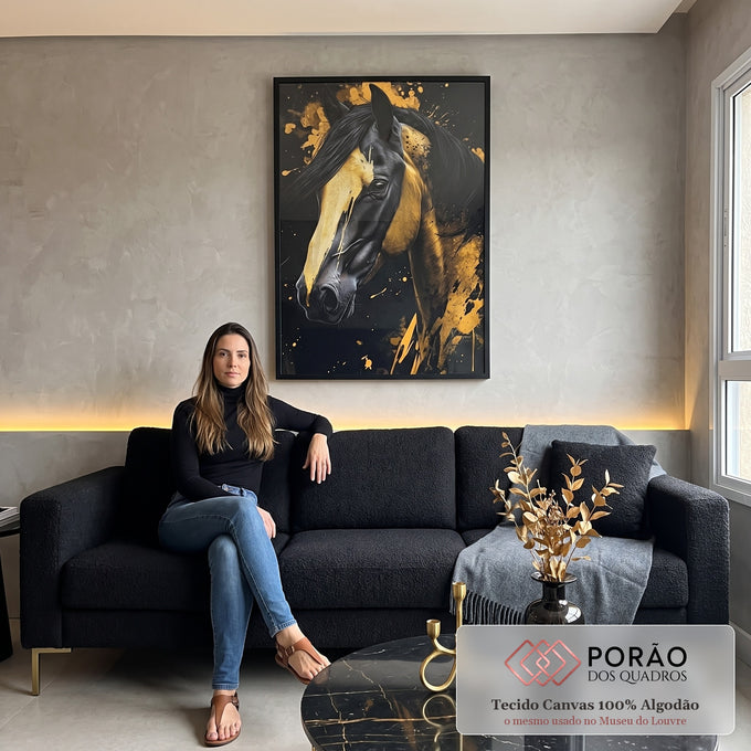 Quadro Decorativo Cavalo Abstrato Arte em Tons Amarelados em sala de estar moderna - quadros decorativos para sala