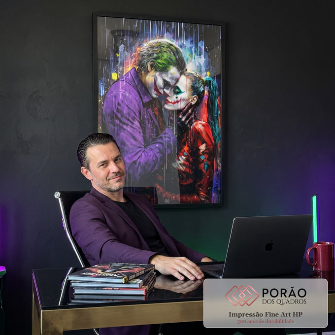 Quadro Decorativo Coringa e Alerquina na Chuva - Estilo e Cor para Sua Casa em escritorio moderno - quadros decorativos para sala
