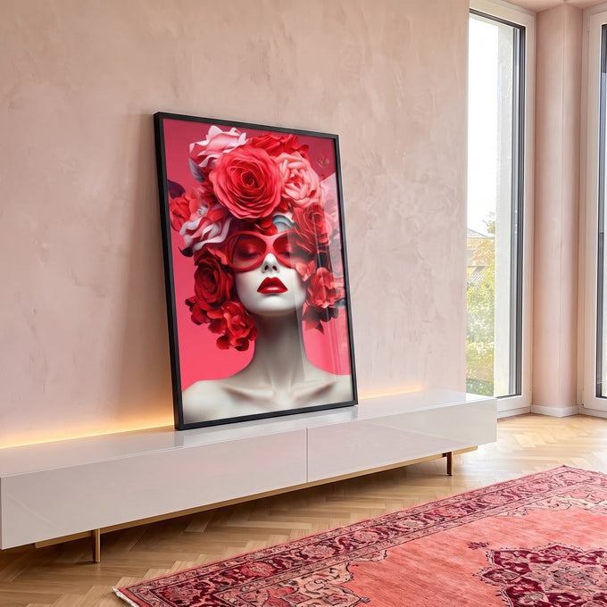Quadro Decorativo Mulher com Flores em ambiente decorado - quadros decorativos para sala