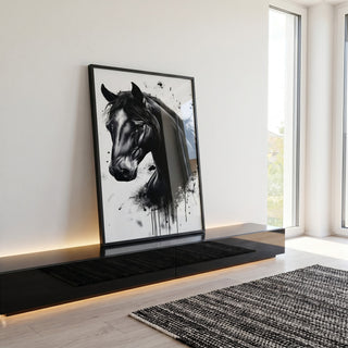 Quadro Decorativo Cavalo Retrato Preto E Branco em ambiente decorado - quadros decorativos para sala