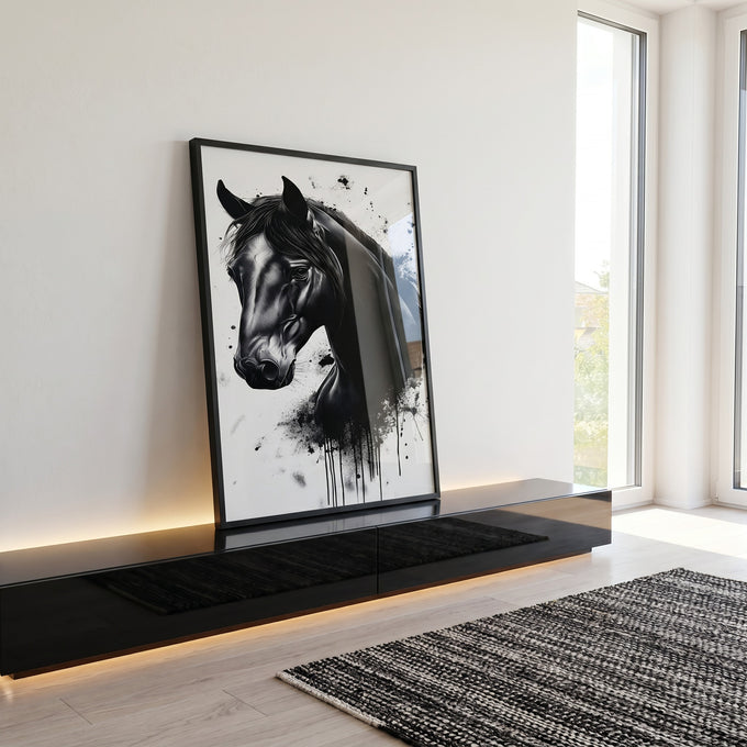 Quadro Decorativo Cavalo Retrato Preto E Branco em ambiente decorado - quadros decorativos para sala