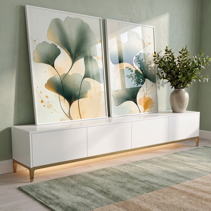 Quadro Decorativo Harmonia Natural Moderno com Folhas Verdes em ambiente decorado - quadros decorativos para sala