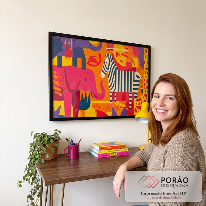 Quadro Decorativo Animais Estilizados Vibrantes em escritorio moderno - quadros decorativos para sala
