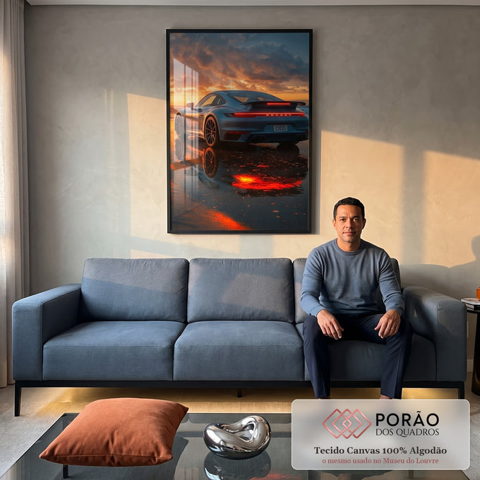 Quadro Decorativo Porsche ao Pôr do Sol em sala de estar moderna - quadros decorativos para sala