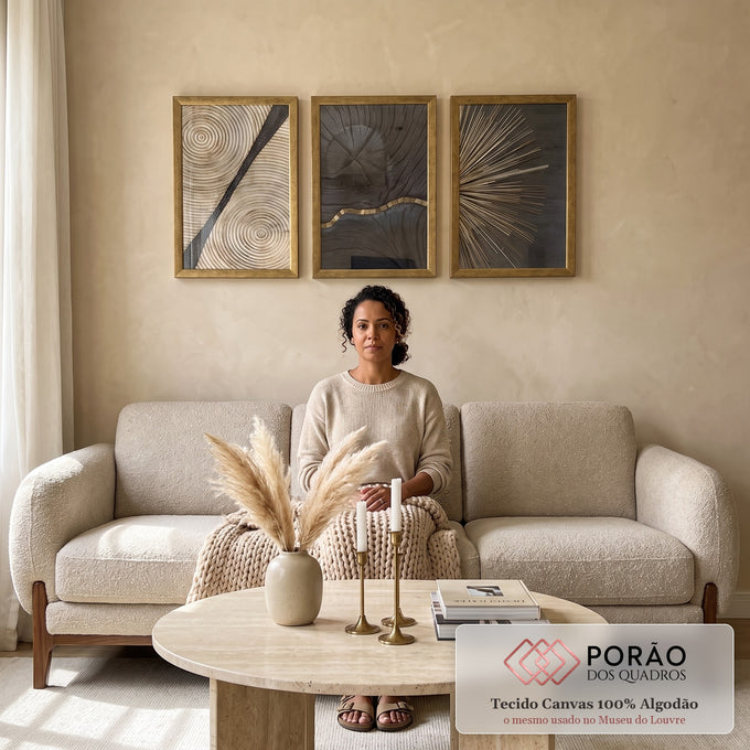 Quadro Decorativo Deslumbre Dourado Luxo e Sofisticação em sala de estar moderna - quadros decorativos para sala