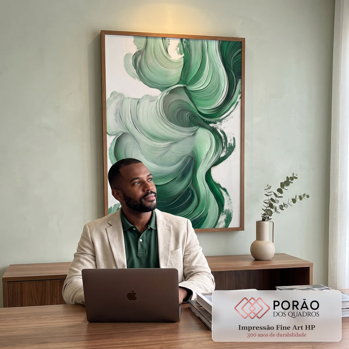 Quadro Decorativo Pincelada Serenidade Verde em escritorio moderno - quadros decorativos para sala