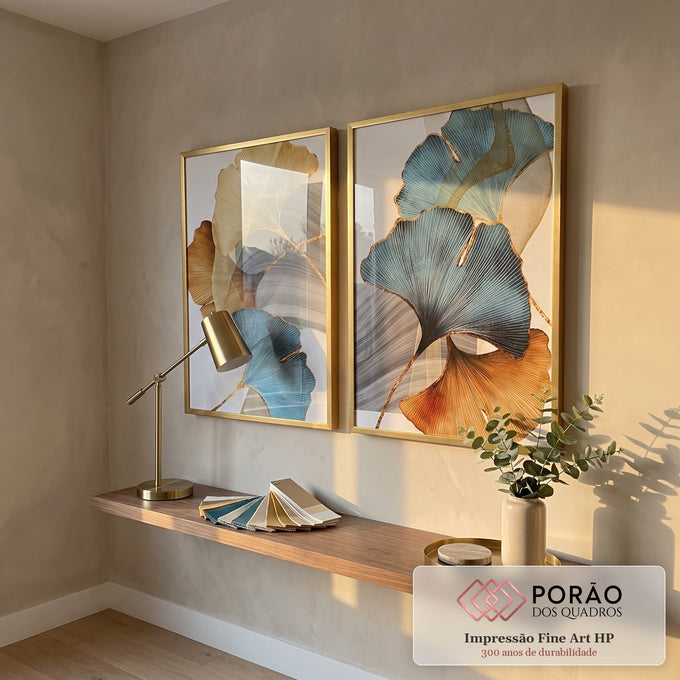 Quadro Decorativo: Folhas de Ginkgo em Azul e Ouro - Magia Visual em escritorio moderno - quadros decorativos para sala