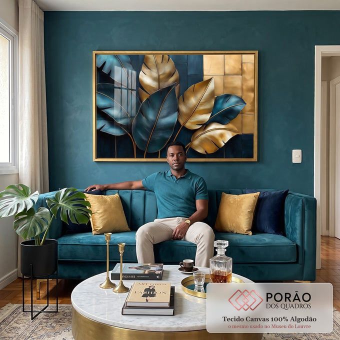 Quadro Decorativo Folhas Douradas e Azuis em sala de estar moderna - quadros decorativos para sala