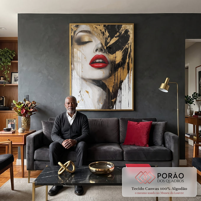 Quadro Decorativo Feminino Elegante com Dourado em sala de estar moderna - quadros decorativos para sala
