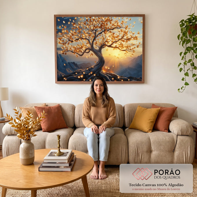 Quadro Decorativo Árvore da Vida Inspiração Sobre O Nascimento Do Sol em sala de estar moderna - quadros decorativos para sala