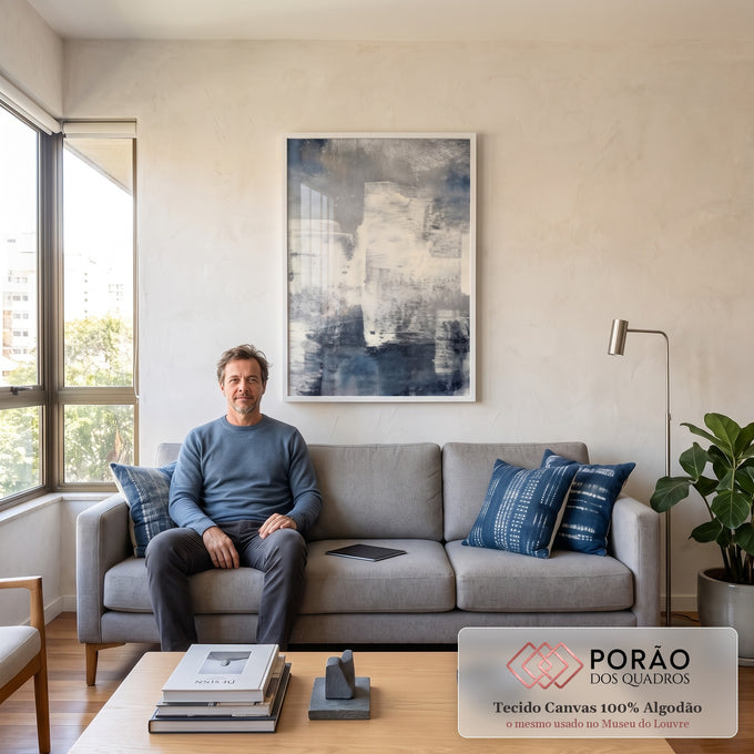 Quadro Decorativo Abstrato Azul com Serenidade em sala de estar moderna - quadros decorativos para sala