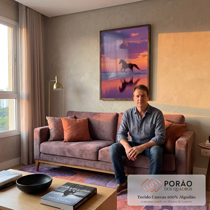 Quadro Decorativo Cavalos ao Entardecer em sala de estar moderna - quadros decorativos para sala