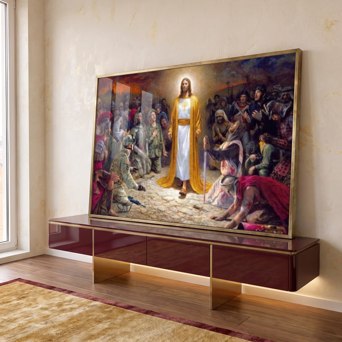 Quadro Decorativo: Luz de Fé - Sublime Cena de Jesus em ambiente decorado - quadros decorativos para sala