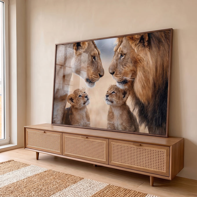 Quadro Decorativo - Leões em Harmonia Familiar em ambiente decorado - quadros decorativos para sala