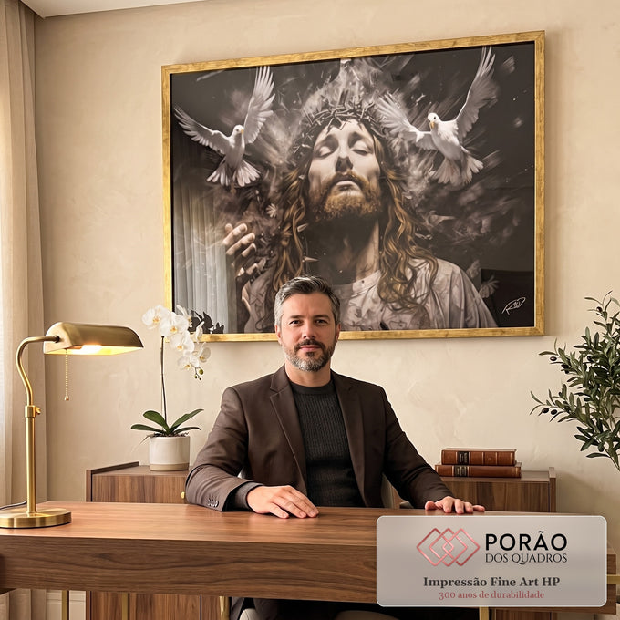 Quadro Decorativo Jesus - Elegância e Espiritualidade em Tecido Canvas Dourado em escritorio moderno - quadros decorativos para sala