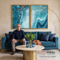 Quadro Decorativo Dança de Azul e Dourado: Inspiração Única em sala de estar moderna - quadros decorativos para sala