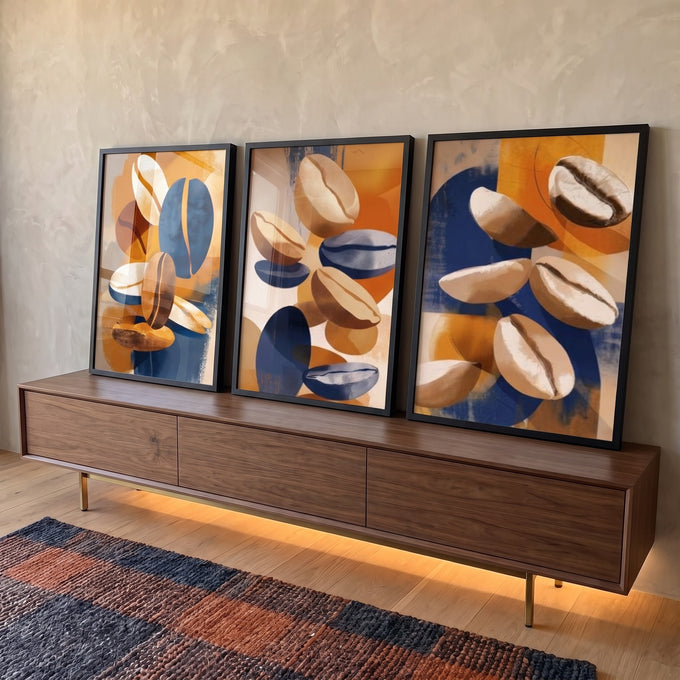 Quadro Decorativo Abstrato Orgânico em 3 Peças em ambiente decorado - quadros decorativos para sala