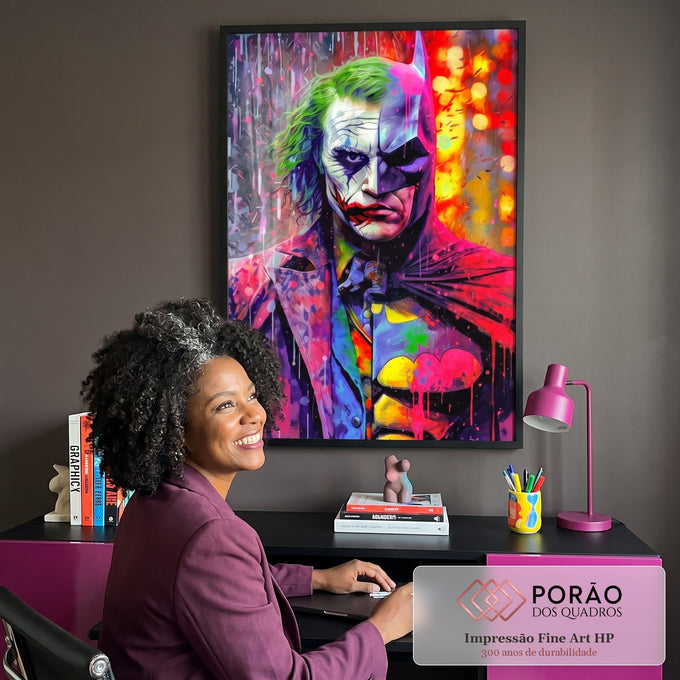 Quadro Decorativo Encontro Épico: Morcego vs Palhaço em escritorio moderno - quadros decorativos para sala
