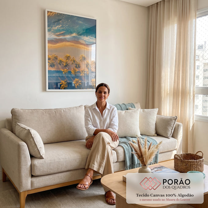 Quadro Decorativo Paisagem Costeira - Areia, Mar e Palmeiras em sala de estar moderna - quadros decorativos para sala
