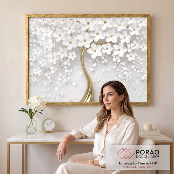 Quadro Decorativo: Árvore Branca & Dourada - Exclusividade em escritorio moderno - quadros decorativos para sala