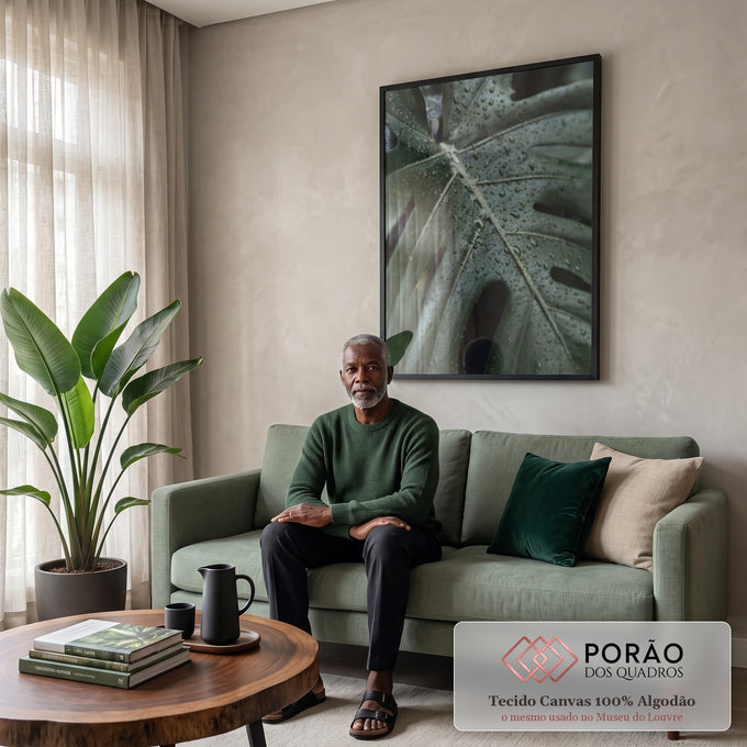 Quadro Decorativo Folha Verde com Orvalho - Inspire-se! em sala de estar moderna - quadros decorativos para sala