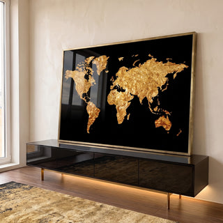Quadro Decorativo: Mapa Mundi Elegante em Ouro e Preto em ambiente decorado - quadros decorativos para sala