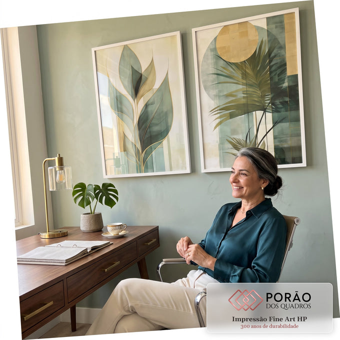 Quadro Decorativo Duo Leaves - Elegância Verde para sua Decoração Moderna em escritorio moderno - quadros decorativos para sala