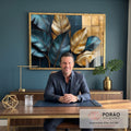 Quadro Decorativo Folhas Douradas e Azuis em escritorio moderno - quadros decorativos para sala